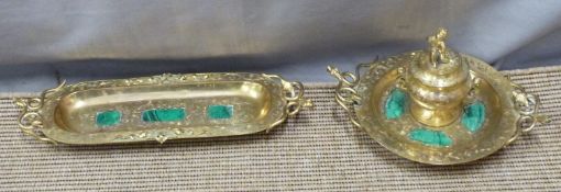 Possibly French brass and malachite inkwell and pen tray