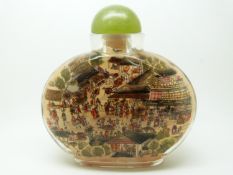 Japanese reverse painted large glass scent bottle with hardstone stopper, 10.5cm tall