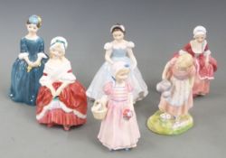 Six Royal Doulton figurines including Good Two Shoes, Peggy, Mary Mary, Tinkle Bell etc tallest