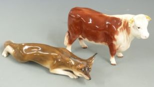 Beswick first version Hereford bull and a Royal Doulton large stalking fox HN147A, tallest 14cm