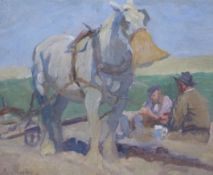 Evelyn Harke oil on canvas, 'A Rest From Ploughing', figures and horse with nosebag resting in a