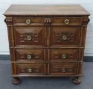 17th/18thC oak chest of four straight drawers of varying sizes with panelled and bobbin decoration