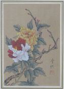 Six Chinese watercolours on silk, all floral designs with birds, butterflies and insects,