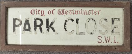 City of Westminster SW1 'Park Close' road sign in metal-bound wooden frame, 39x100cm overall