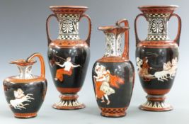 19thC Prattware pair of twin handled vases and two ewers, tallest 35cm