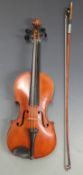 Early to mid 20thC German violin, with 36cm unlabelled two piece flame back, complete with bow