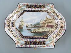 A large Russian porcelain casket with hinged lid, hand decorated with a harbour scene and flowers