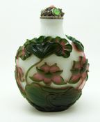 Chinese double glass overlay scent bottle with decoration depicting lily pads and ducks, with
