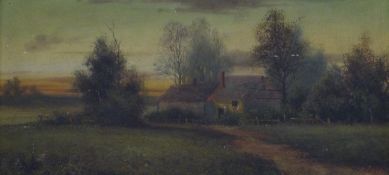H Cole 19thC oil on board, countryside cottage scene, 17 x 36cm, gilt frame