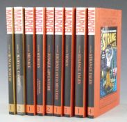 Nine Marvel Masterworks comics books comprising Strange Tales 1 and 2, Marvel Comics 1, Human