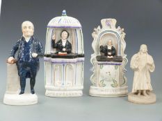 Four 19thC Staffordshire figures and a Parian ware figure all relating to the Methodist movement,