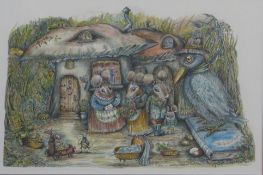 Pen and watercolour novelty scene of mice and crow in front of a house formed as a mushroom, 23 x