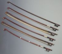 Six various small/children's ¾ etc violin bows, one with Parisian eye, also includes J La Salle