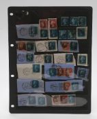 A sheet of mainly 1858-76 2d Blue on piece, London and Edinburgh postmarks. Also 1841 2d Blue x2