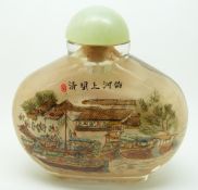 Japanese reverse painted glass scent bottle depicting a market scene, with hardstone stopper, 10cm
