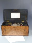 19thC bells and drum in view 8 air musical box, with burr walnut and inlaid case, with tune sheet