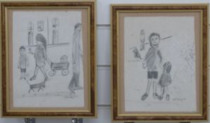 Two pencil drawings of figures in a naive style, both bearing signatures L S Lowry and dated '61,
