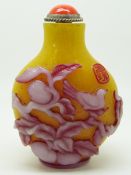 Chinese glass double overlay scent bottle with decoration depicting foliage and birds, 7cm tall