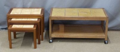 A retro tile inset coffee table with undershelf, similar nest of tables and a reproduction octagonal