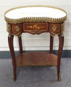 French kidney shaped inlaid and marble topped side table with metal mounts and undershelf, W59 x D38