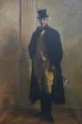 Oil on canvas full length portrait of a man wearing a top hat holding a rinding crop, 90 x 60cm,