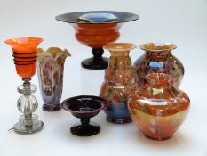 A collection of mainly Czechoslovakian/Bohemian art glass including an electric lamp, tazzas,