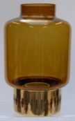 Hans-Agne Jakobsson Swedish oil lamp L/95, the pierced brass base with aluminium liner and amber