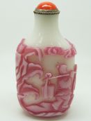 Chinese glass overlay scent bottle with decoration depicting figures and seal mark, 7.5cm tall