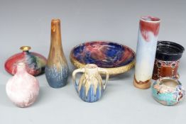 Wilkinsons Oriflame squat vase and large bowl and studio pottery including a tobacco jar, tallest