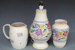 Poole Pottery lamp, vase and jug, tallest 40cm