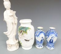 Chinese blanc de chine figure of Guanyin, Chinese pedestal vase decorated with fish and a pair of
