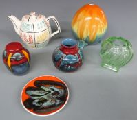 Poole pottery vase, ginger jar and dish, Gibson hand decorated teapot and an Art Deco lamp base,