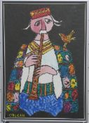 Jovan Obican (1918-86) acrylic on paper of clarinetist playing to a bird, 48 x 23cm, framed and