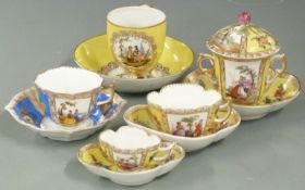 Dresden chocolate pot, cover and saucer, Dresden cups and saucers decorated with Watteau scenes