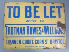 Vintage enamel 'TO BE LET' sign for Trotman Howes & Williams of Shannon Court, Corn St. Bristol,