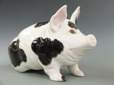 Wemyss pottery large pig with black and white decoration and pink feet and tail, Wemyss Made In