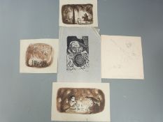 Three pen and ink drawings/sketches, one a group in a grand barrel vaulted room with chandeliers,