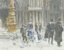 William Walcot RBA, RE (1874-1943) urban scene of children feeding the pigeons, signed lower left,