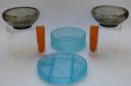 Six pieces of Whitefriars and similar glass