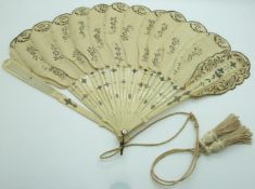 Two Chinese / Japanese fans with inlaid bone guard sticks and a Chinese lacquer fan box