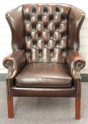 Chesterfield brown leather wing back chair