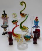 A collection of Murano and similar glass including clowns