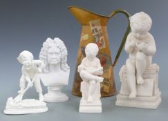 Parian figure of a child drawing on a tablet after Charles Gabriel Sauvage, further figures and a