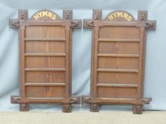 Two stained pine ecclesiastical 'hymn' boards, ex Cinderford Chapel, Forest of Dean, H92 W60cm