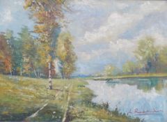 Oil on canvas silver birch trees by a lake, indistinctly signed bottom right, 50 x 70cm, gilt frame