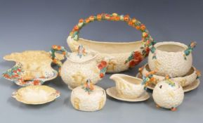 Ten pieces of Clarice Cliff Celtic Harvest pottery including tea pot, basket, biscuit barrel etc,