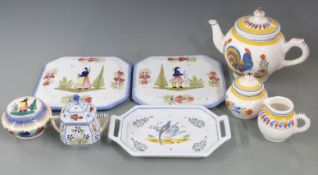 Set of continental ceramics by Henriot Quimper including teapot, three sugar bowls, tray, two