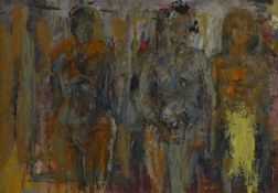 Hugo oil on board abstract figures, signed and dated to right hand side, 34 x 49cm, framed