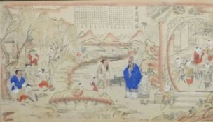 19th/20thC Chinese watercolour of court scene, village life, river and mountains, 55 x 98cm