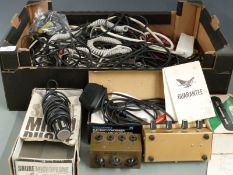 A quantity of microphones, leads etc and mixers, includes Shure, Brenell, Electret etc